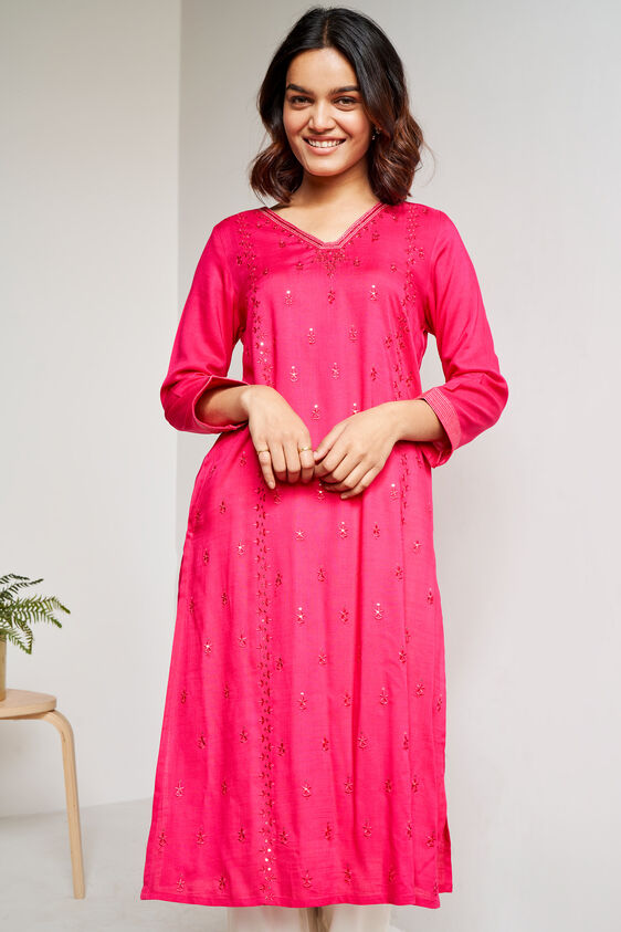 Solid Embroidered Straight Kurta, Hot Pink, image 2